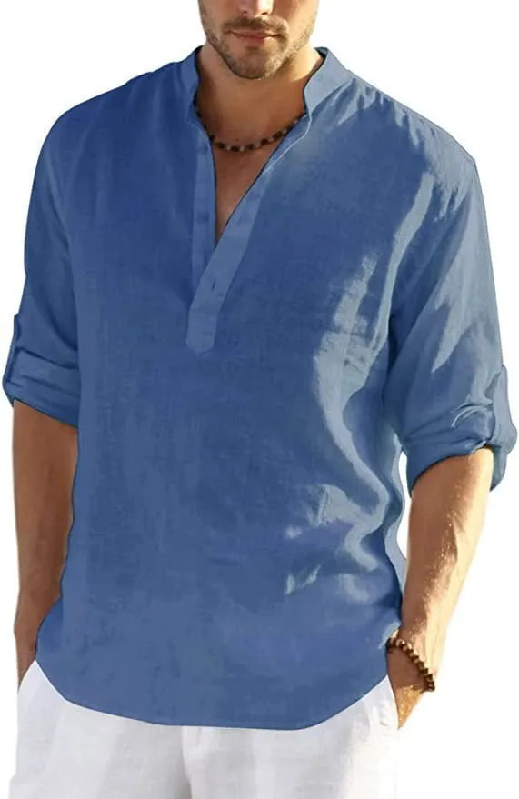 🔥Men's cotton and linen Henley Shirt Long Sleeve Hippie Casual Beach T Shirts