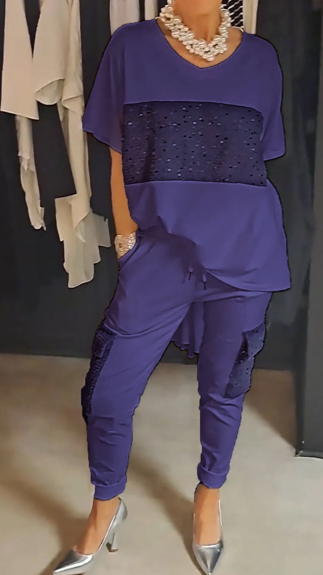 Sequin splicing short-sleeve T-shirt and pants casual sets 🔥(BUY 2 FREE SHIPPING)🔥