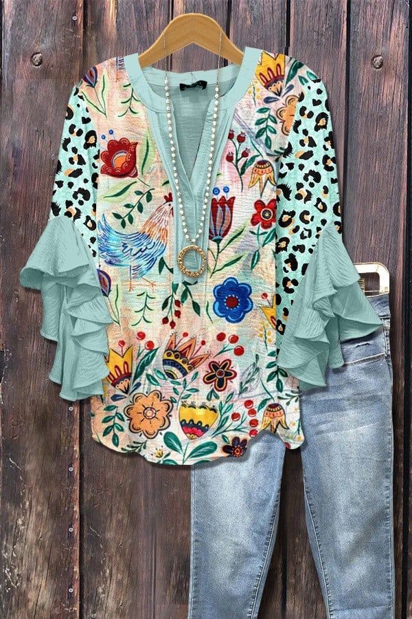 Floral Print Ruffle Bell Sleeve Top