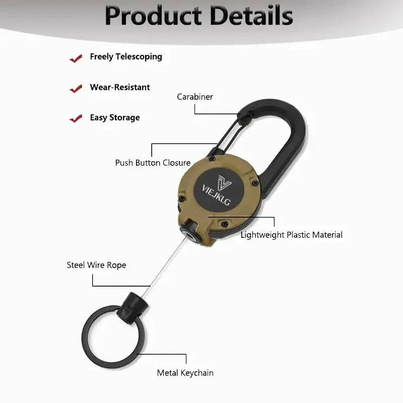 🔑Retractable Carabiner Keychain – 65cm steel lanyard, 100,000 pull cycles. Lightweight & sturdy.