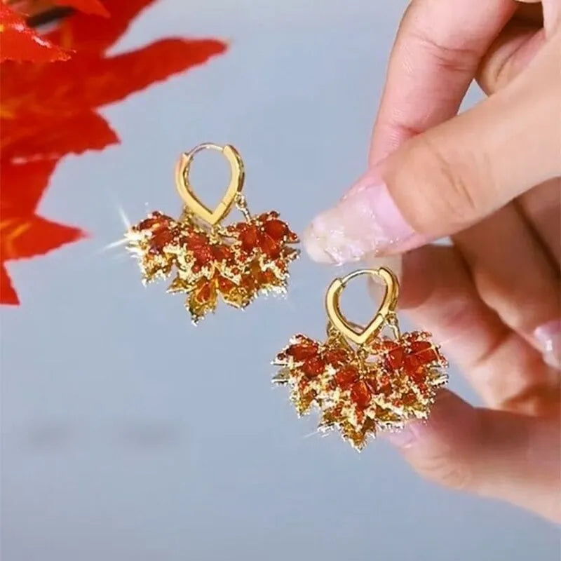 New Women's Red Zircon Maple Leaf Dangle Earrings