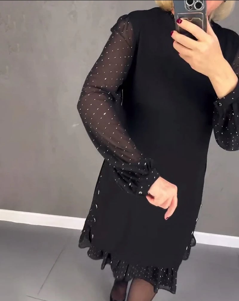 Women's Round Neck Black Hot Diamond Dress