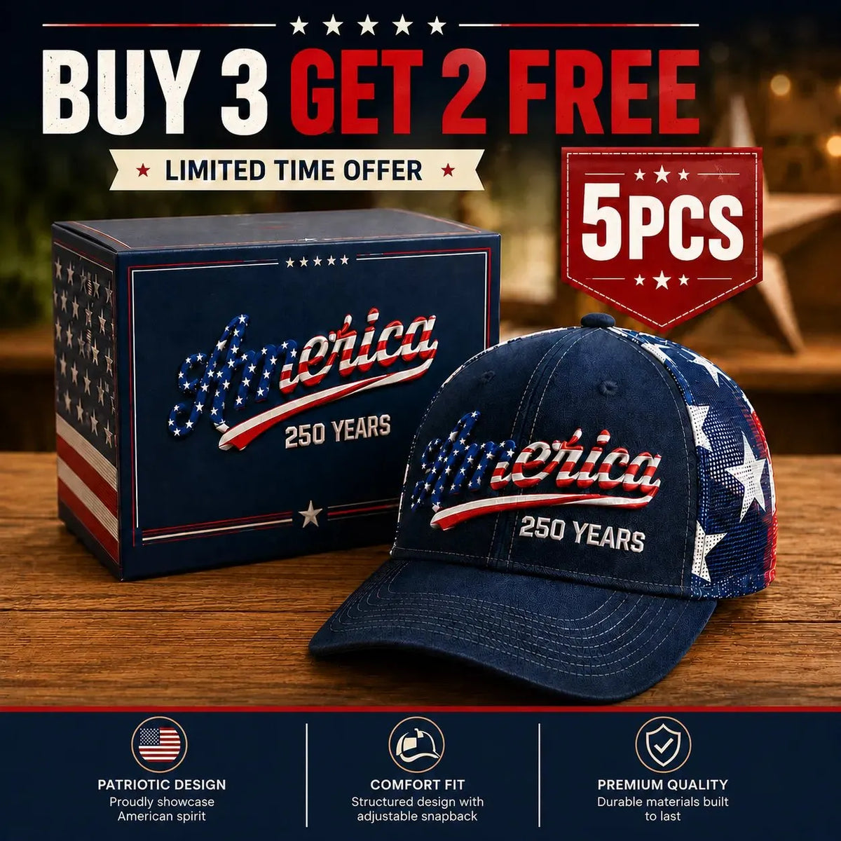 ❤️ 🇺🇸 America 250 Years Patriotic Embroidered Mesh Trucker Cap