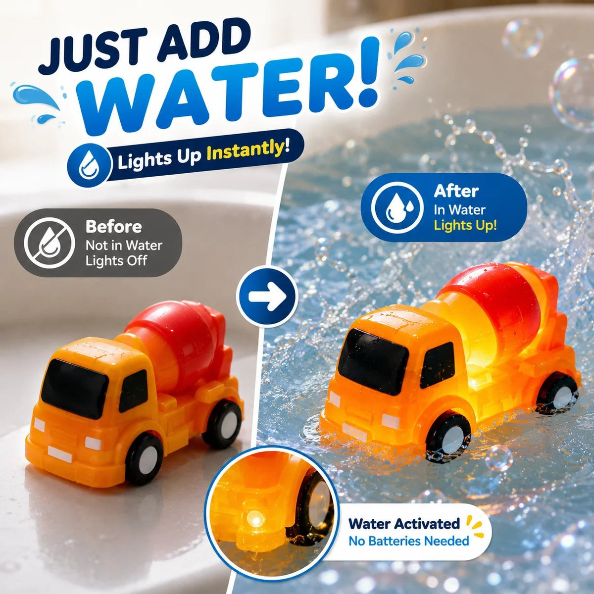 🎉🚗 6PCS Water-Activated Light-Up Bath Toy Cars – Traffic & Construction Vehicles for Kids