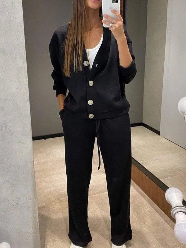 Women's Knitted Buttoned Jacket and Pants Two-piece Set (Buy 2 Free Shipping)