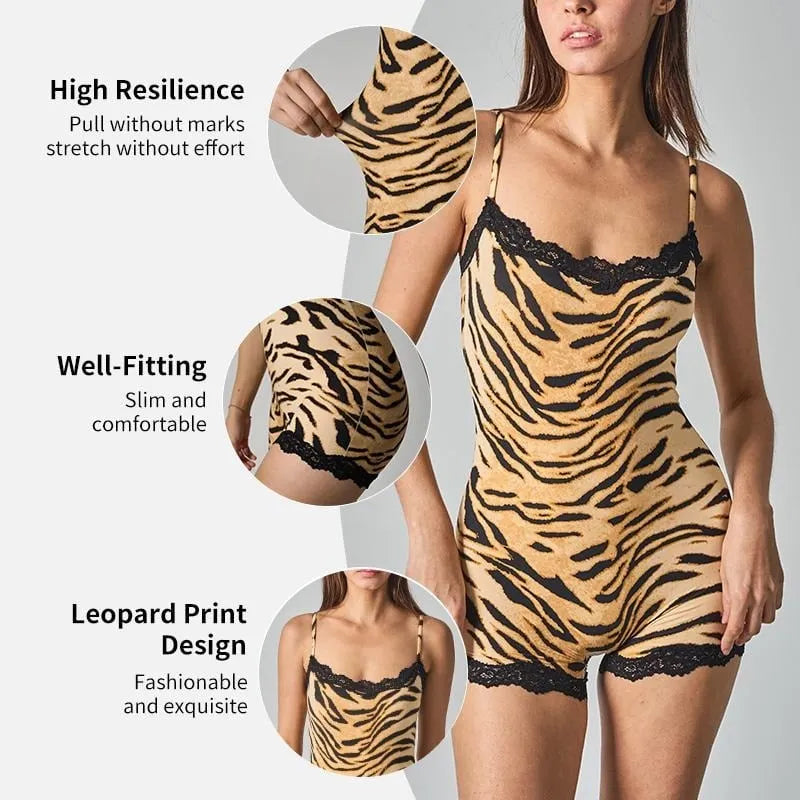 💖Hot 49% OFF🌹Women’s Abstract Tiger Print Lace-Trim Playsuit🐅✨