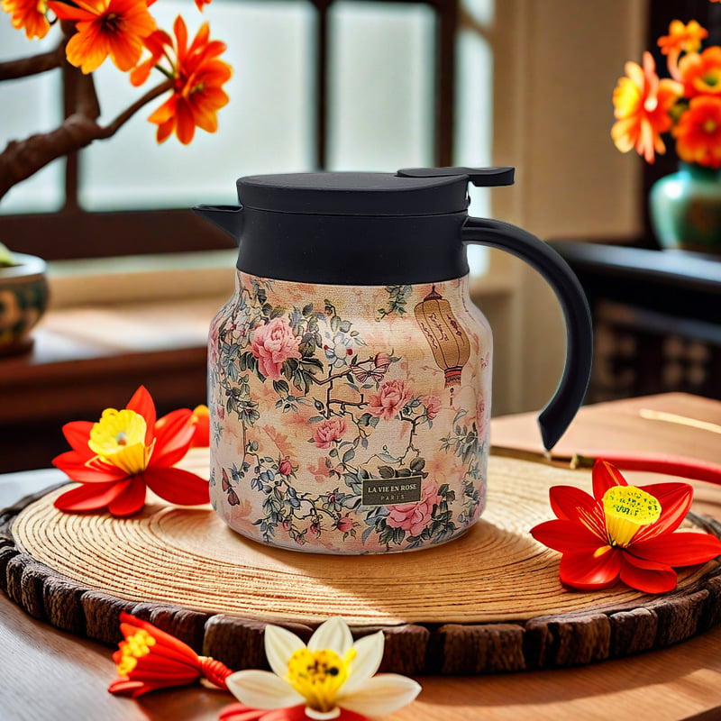 Vintage Floral Pattern Tea Thermos–Built-In Infuser