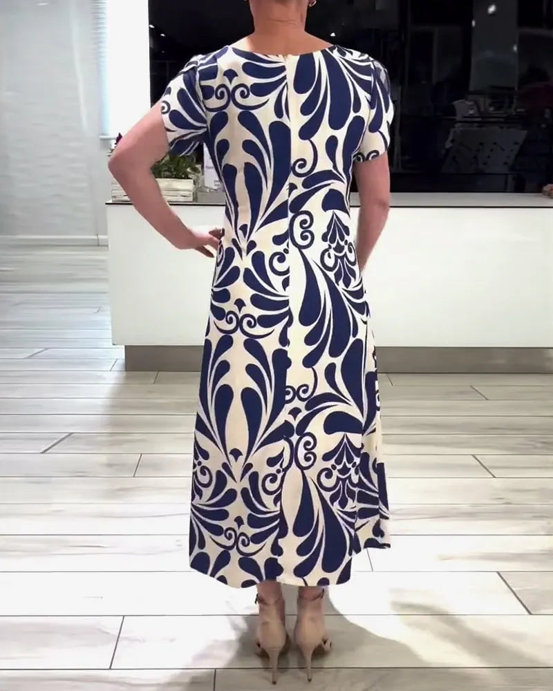 Elegant Short-Sleeved Dress with Contrast Print