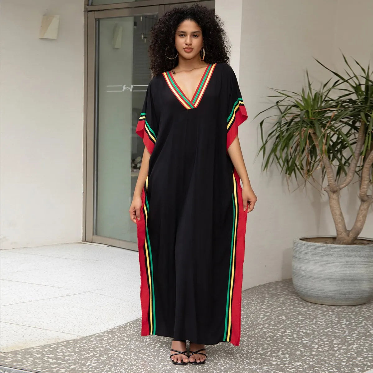 Women's Contrast Trim Leopard Print Batwing Sleeve Dress