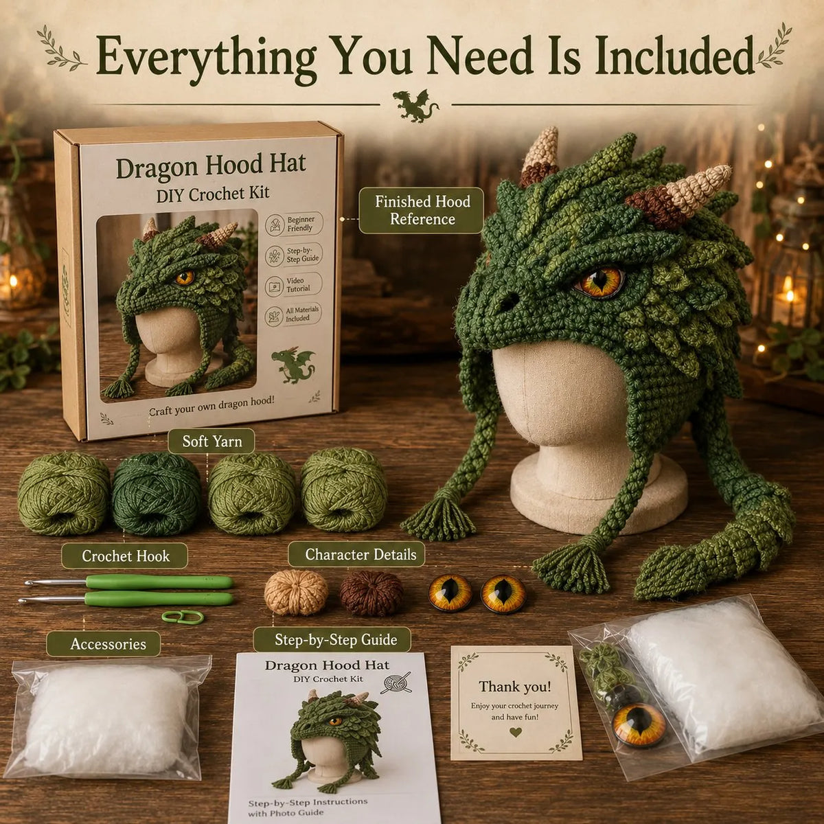 🔥HOT SALE🔥🐉✨ Fantasy Hood Hat DIY Crochet Kit | Premium Soft Yarn Materials with Step-by-Step Guide DIY Handmade Wearable Character Hood 🧶🎭✨