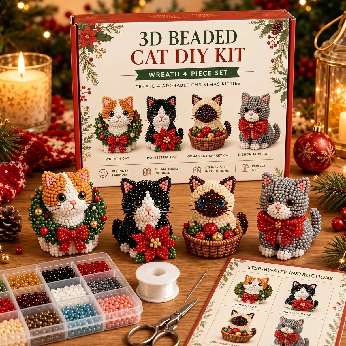 🎉🎄 Beginner-Friendly DIY 3D Christmas Beaded Ornament Kit | Complete 4-Piece Set with Glass Beads, All Tools & Step-by-Step Guide Included 💕