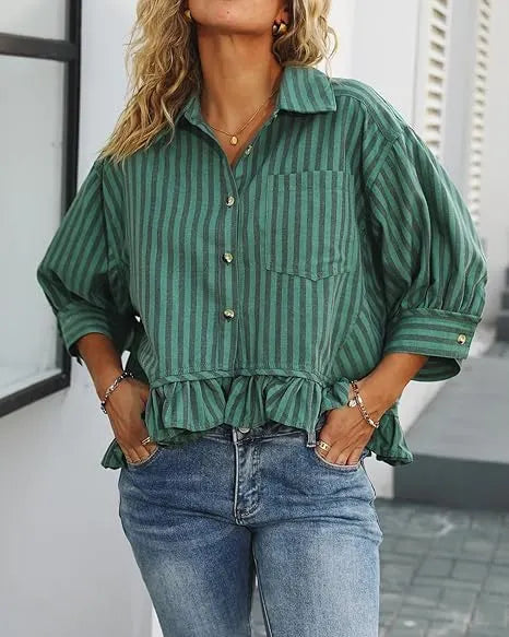 Summer Top🌞 Ruffled Hem 3/4 Sleeve Button-Down Striped Shirt