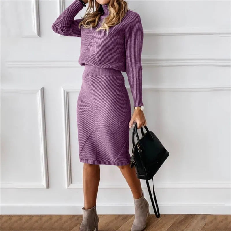 High-neck Knit Sweater Skirt Set (Buy 2 Free Shipping)
