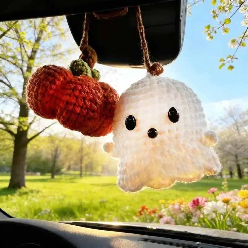 👻Crochet Ghost & Pumpkin Rear View Mirror Charm🎃Handmade Amigurumi Car Decor