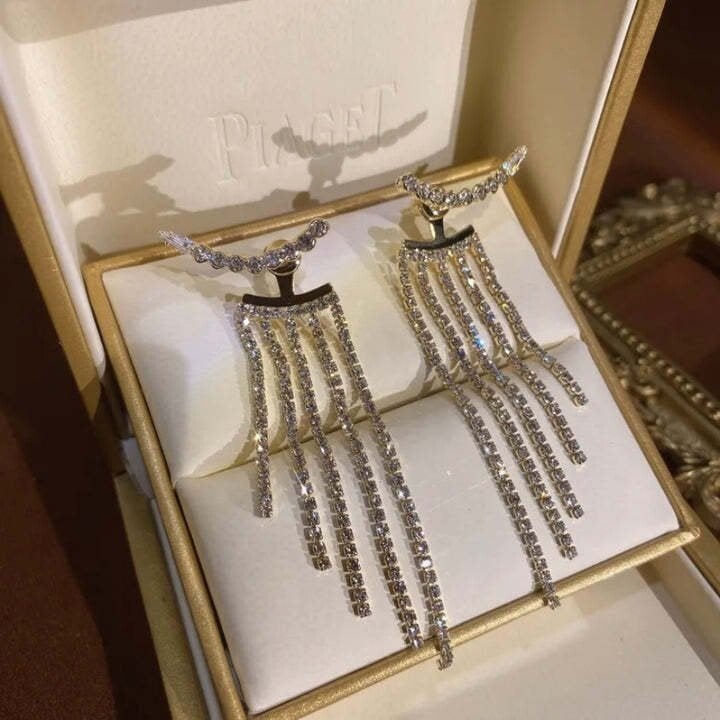 SPARKLING CURVED RHINESTONE LONG TASSEL EARRINGS