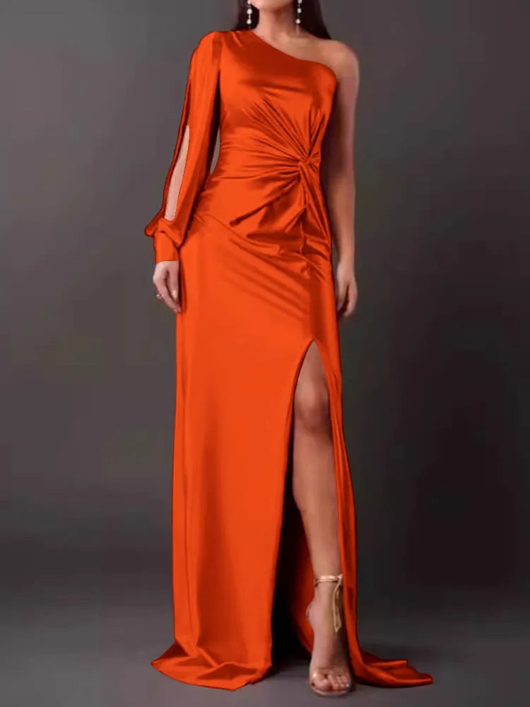 Slanted Collar Ruched Waist & Slit Sexy Long Dress