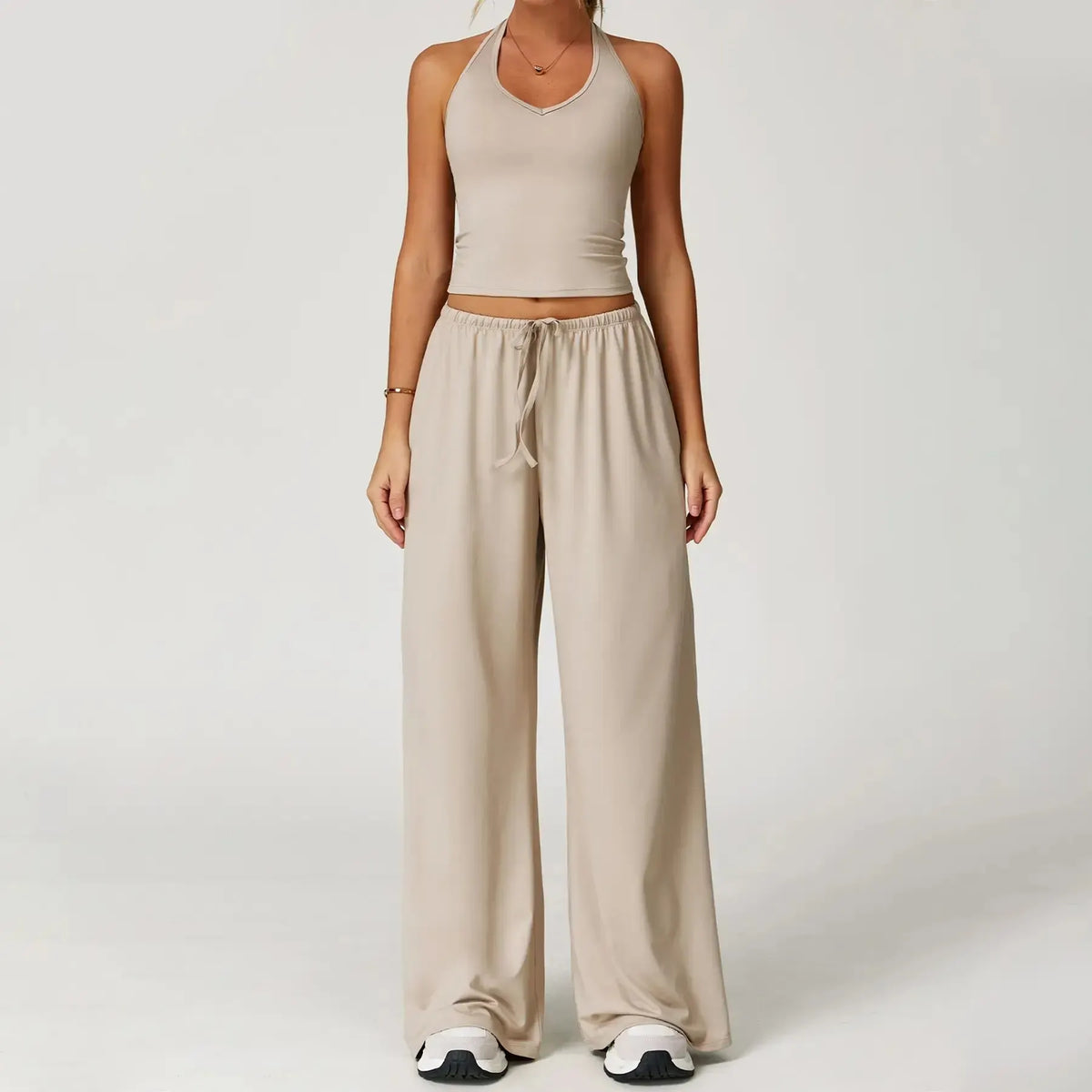 💖Hot 50% OFF✨ Women’s 2-Piece Silk-Like Lounge Set – V-Neck Strappy Top & Wide Leg Pants