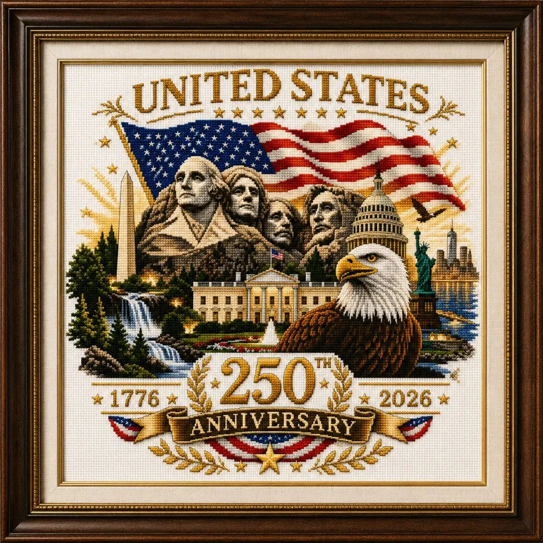 United States 250th Anniversary Cross Stitch Kit – Patriotic Americana Embroidery Art (1776–2026 Edition)