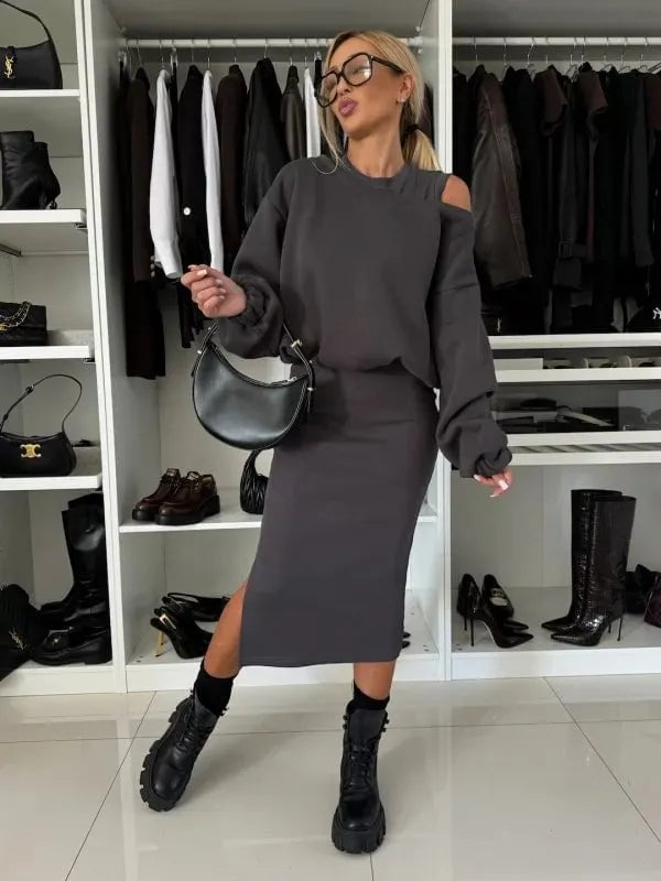 Long-sleeved Off-shoulder Sweatshirt and Vest Skirt Two-piece Set