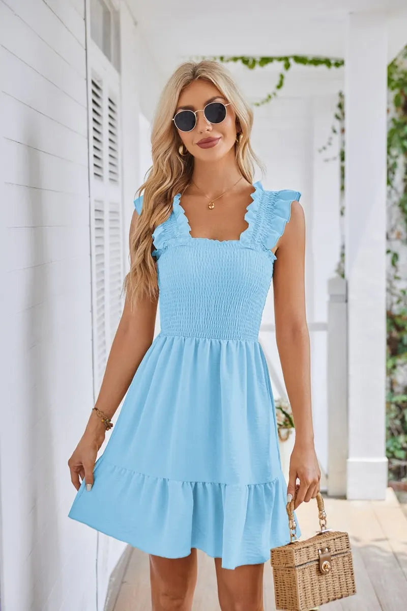 Summer Casual Sleeveless Square Neck Smocked Ruffle Backless Beach Dress