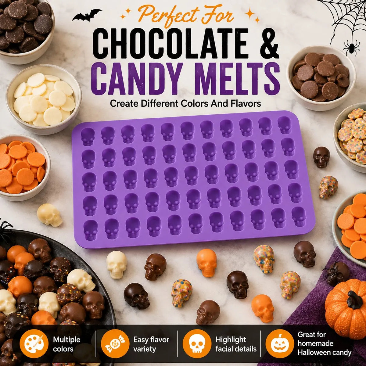 🎉49% OFF – 💀 Reusable 50-Cavity Mini Skull Silicone Candy Mold | Flexible Easy-Release Design for Chocolate, Candy Melts, Filled Treats & Halloween Desserts 🎃✨