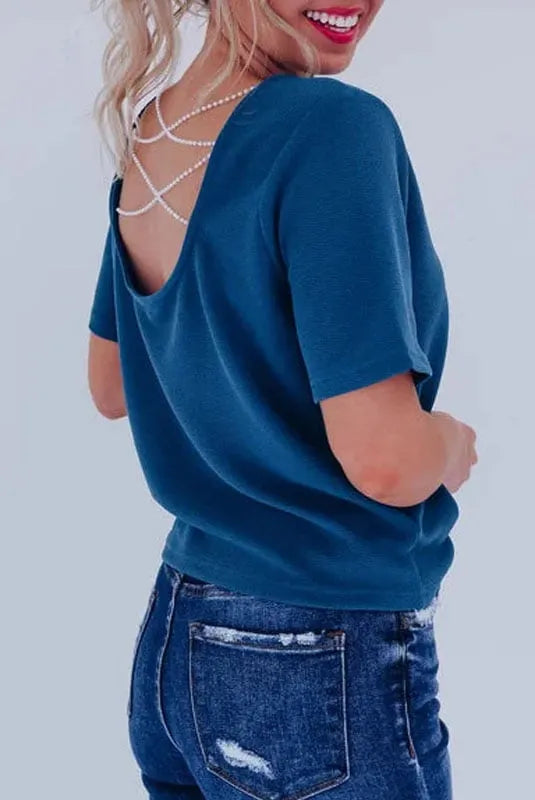Pearl Beaded Backless Two-Way Short-Sleeved Top (Buy 2 Free Shipping)