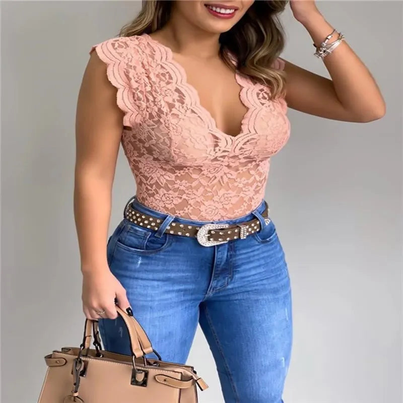 Women Slim Tunic Lace V Neck T-shirt