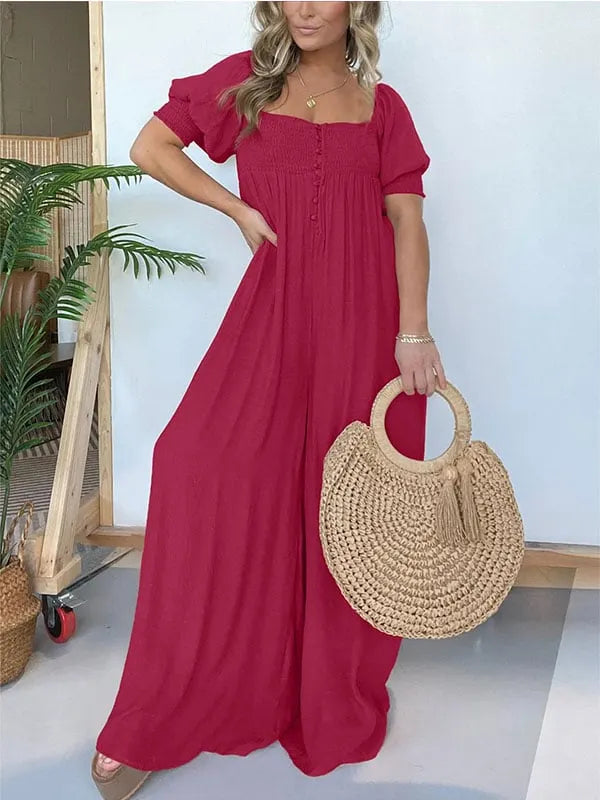 New Square Neckline Jumpsuit with Smocked Bodice Button (Buy 2 Free Shipping)