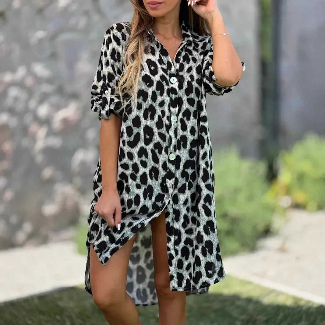 Casual Leopard Print Button-Down Dress