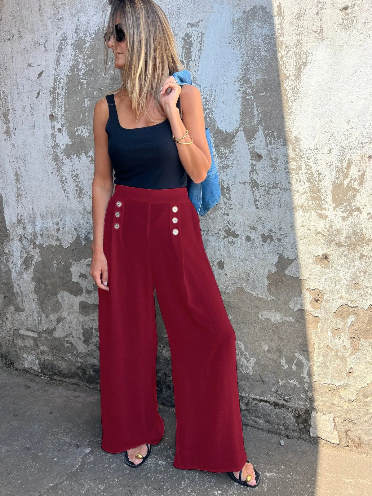 Women's Button-Decorated Loose-Fit Wide-Leg Pants