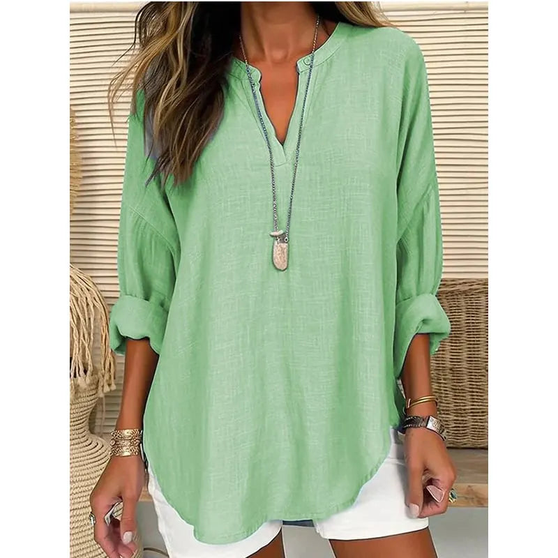 Women's V-Neck Long Sleeve Loose Fit Breathable Linen Top