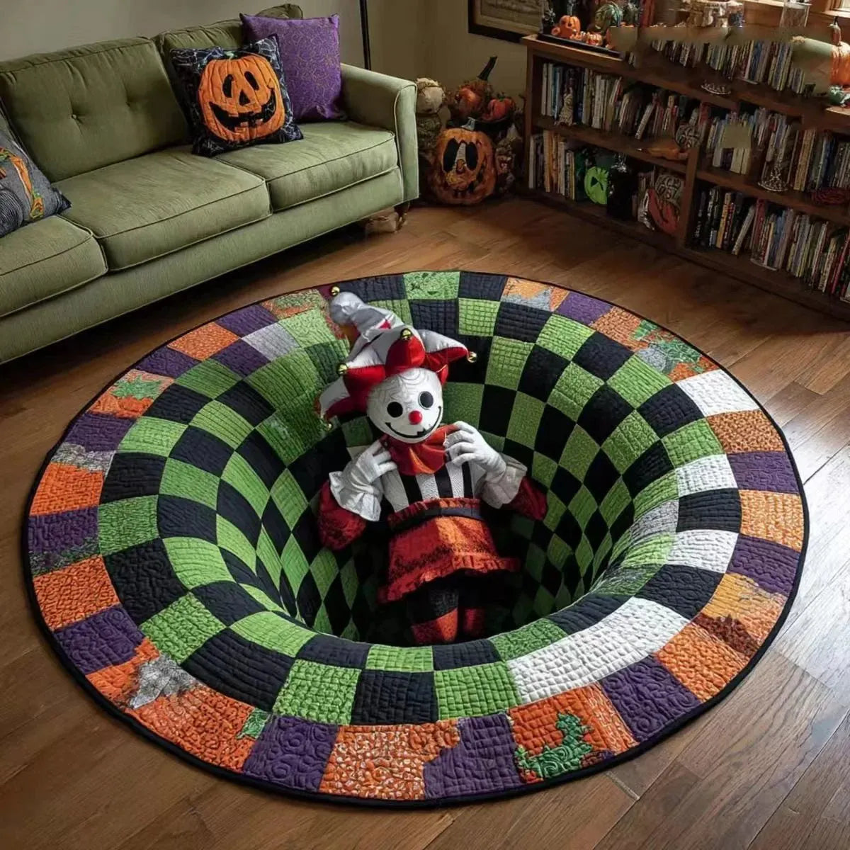 🎉🎃3D Skeleton Vortex Quilted Round Halloween Rug | Spooky Quilted Circular Halloween Floor Decor Mat