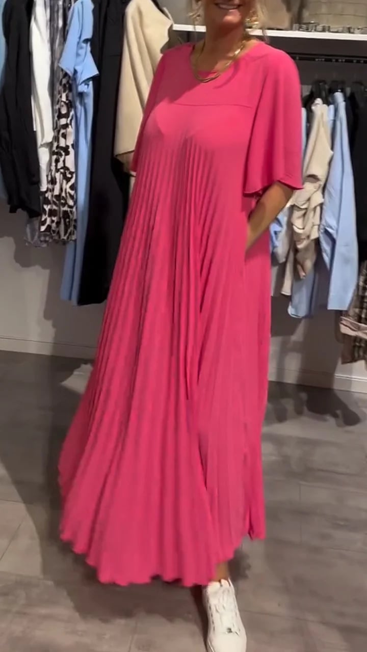 Women's Round Neck Pleated Casual Dress