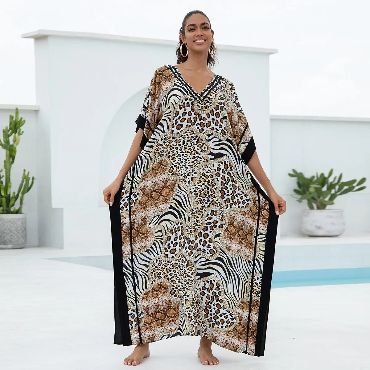 Women's Contrast Trim Leopard Print Batwing Sleeve Dress
