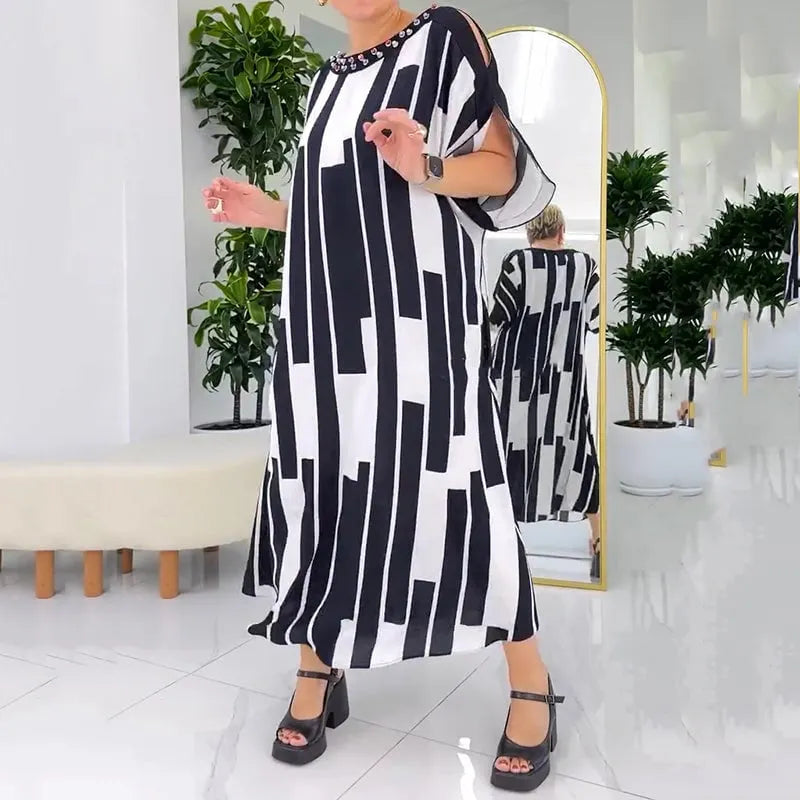 Fashion printed striped beaded round neck large size loose skirt