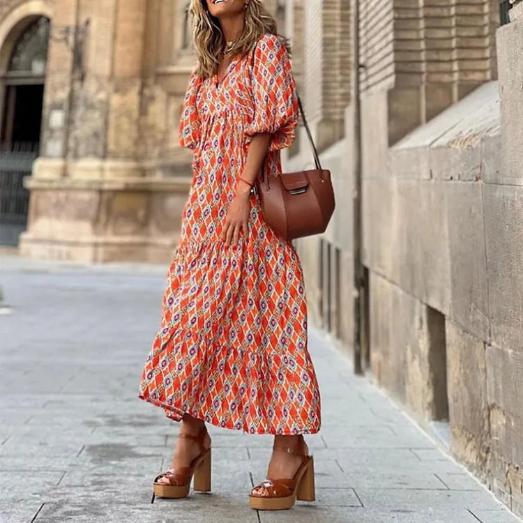 WOMEN'S PUFF SLEEVE FLORAL BOHO MAXI DRESS (BUY 2 FREE SHIPPING)