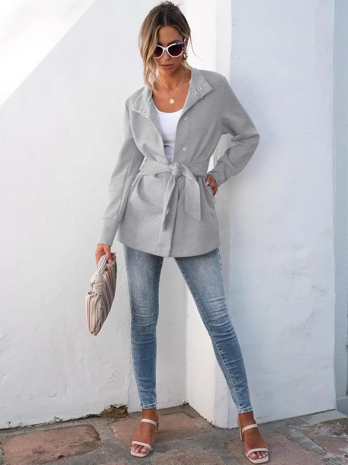 ✨WOMENS JACKET BELTED CASUAL WRAP TRENCH COAT BUTTON UP DRESSY OUTERWEAR WITH POCKETS