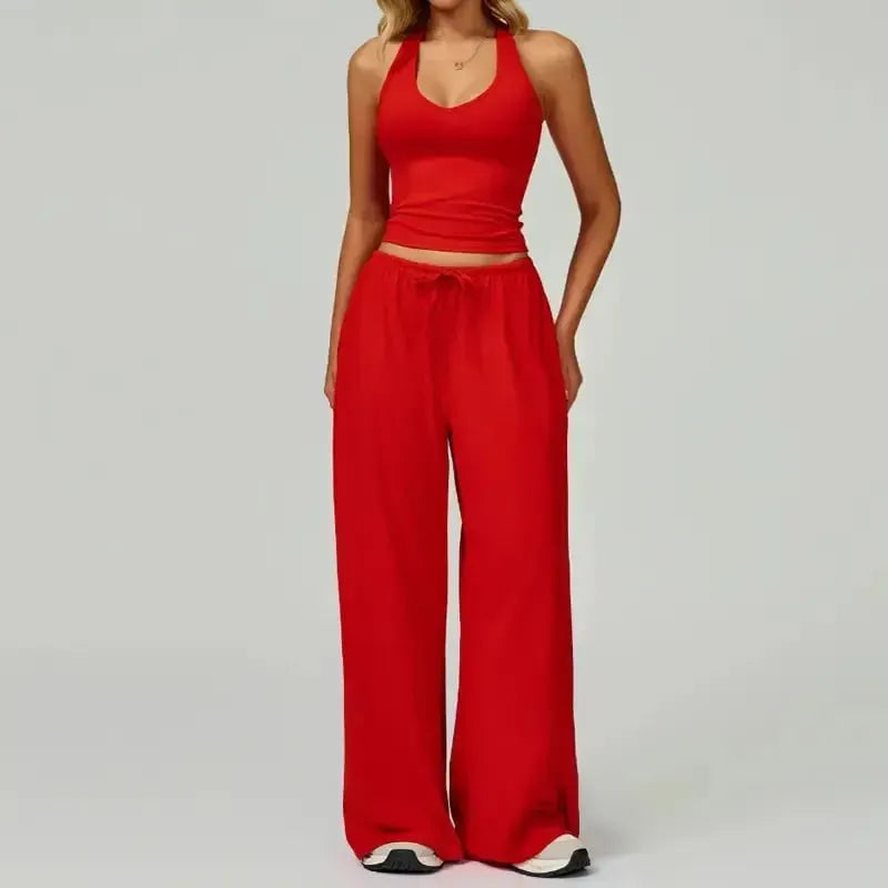 Women’s 2-Piece Silk-Like Lounge Set – V-Neck Strappy Top & Wide Leg Pants