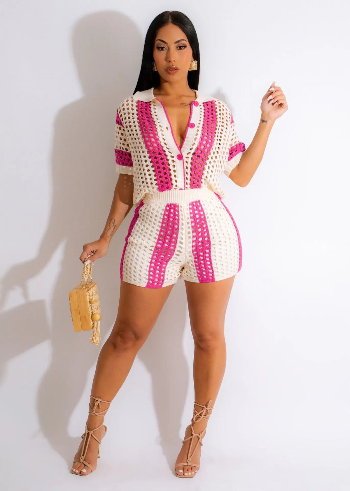 (BUY 2 SETS FREE SHIPPING)Women's 2-Piece Sheer Mesh Button-Up Top and High-Waisted Shorts Set