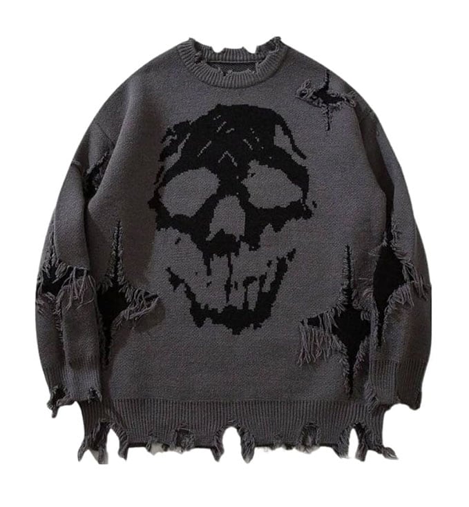 Unisex Skull Print Hip-Hop Distressed Sweater (Buy 2 Free Shipping)