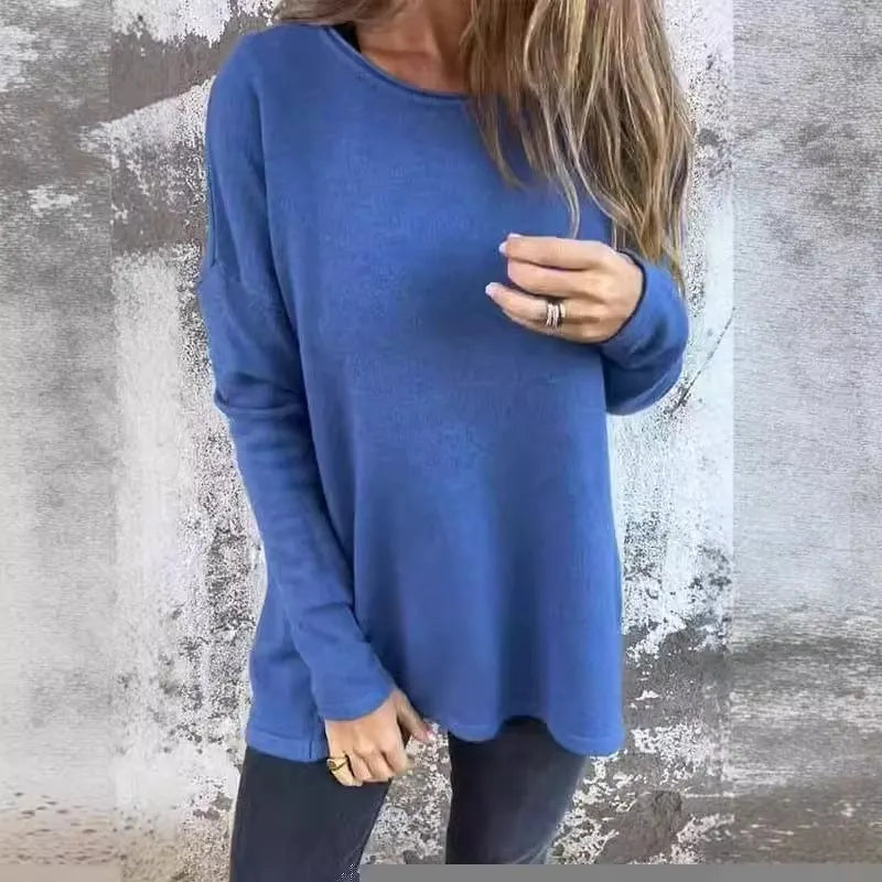 Women's Solid Round Neck Long Sleeve Tops