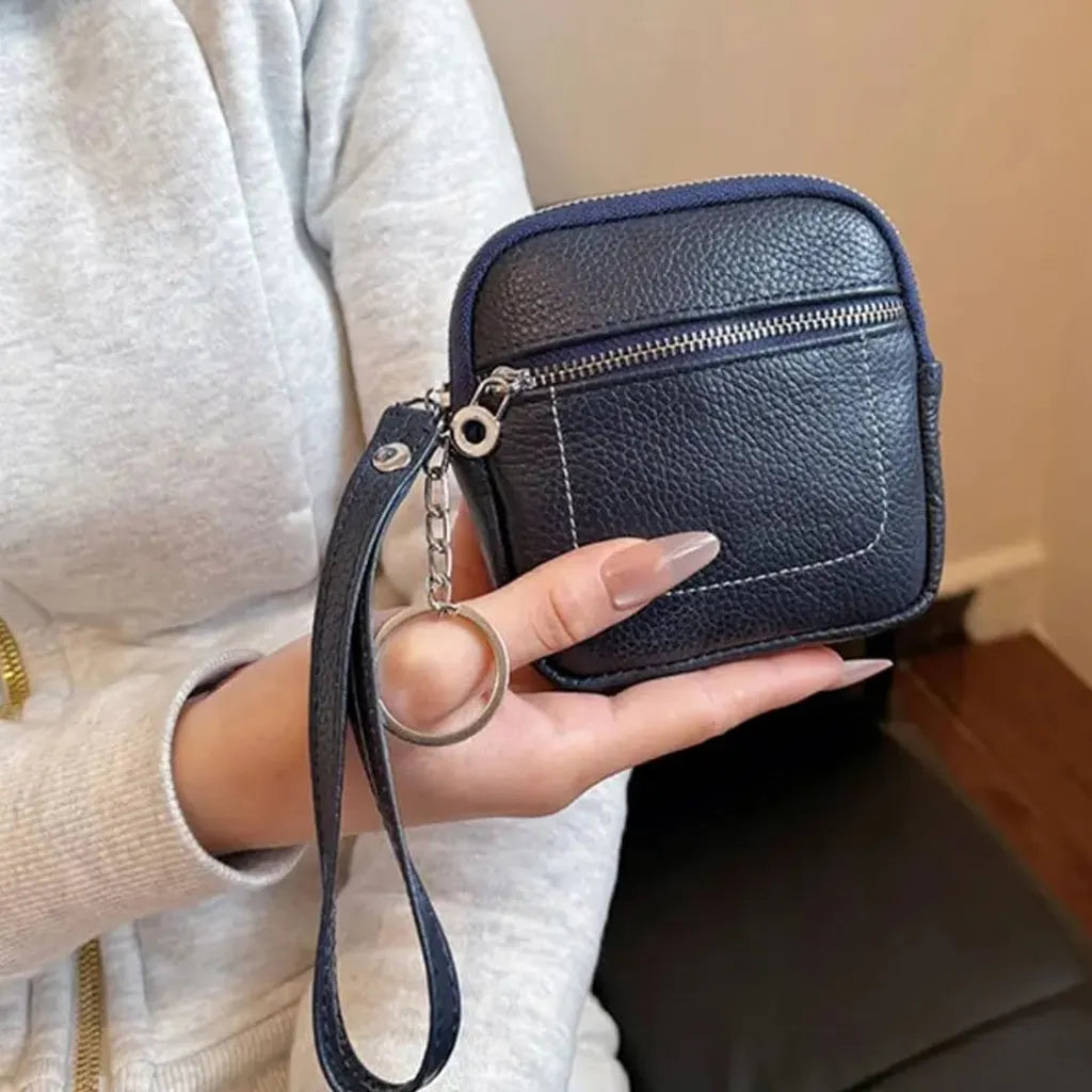 🌟 Genuine Leather Mini Square Card Wallet - Compact Zipper Coin Purse & Keychain Pouch for Men & Women
