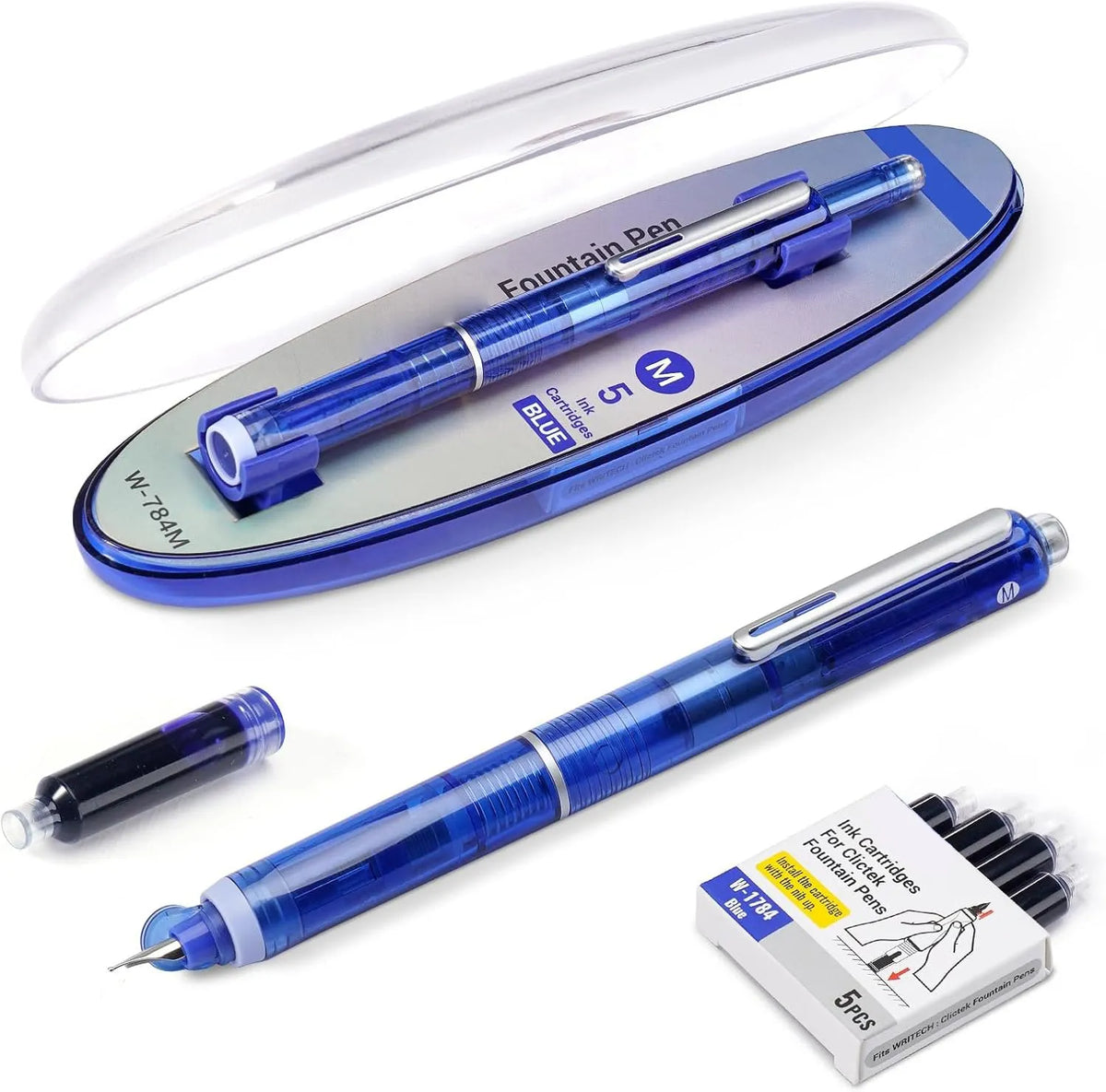 🔥HOT SALE🔥Fountain Pen Retractable:0.38mm Blue&Black Ink Transparent Barrel Includes 5 Refillable Ink Cartridges