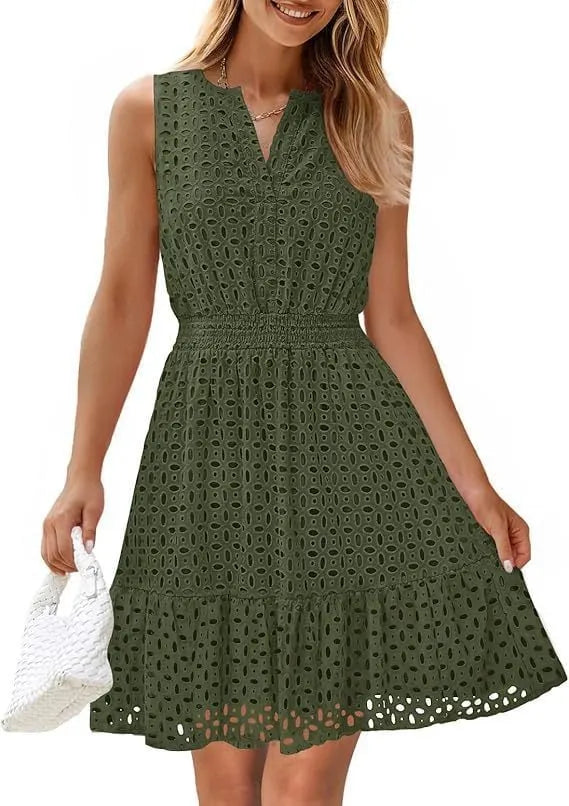 Sleeveless Dress with V-Neck, Hollow Out Eyelet and High Waist