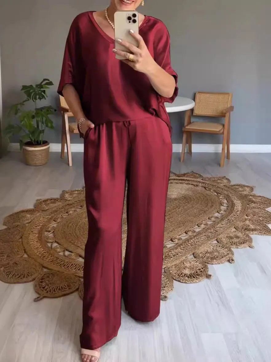 V-neck Satin Two-piece Suit-buy 2 free shipping