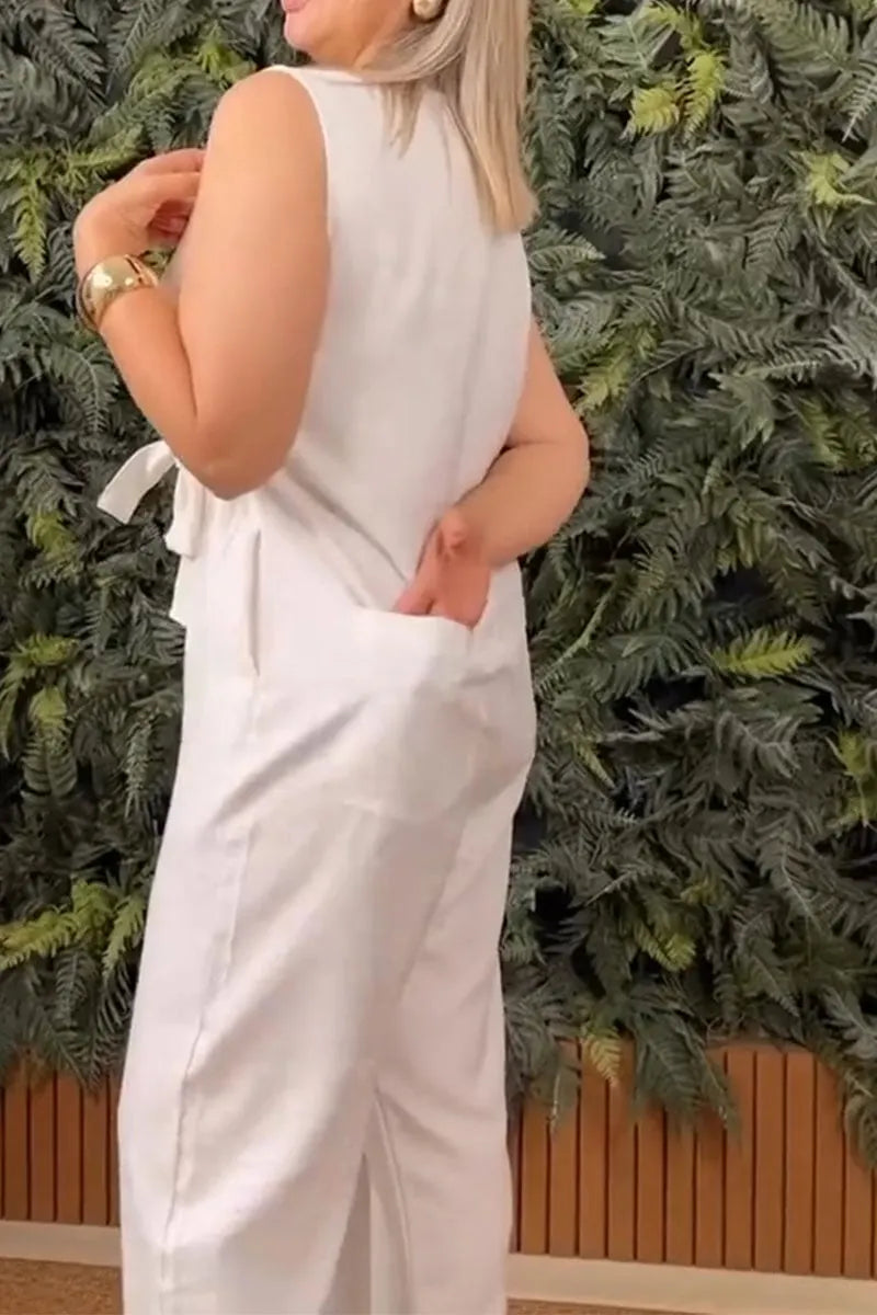 Women's Casual V-neck Cross Tie Sleeveless Jumpsuit