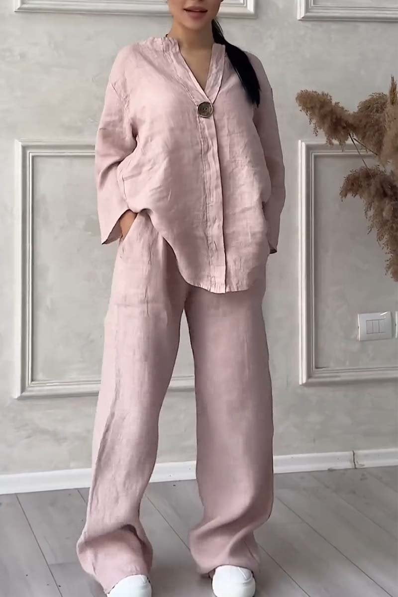 Casual button Decorated Cotton and Linen Two-Piece Set