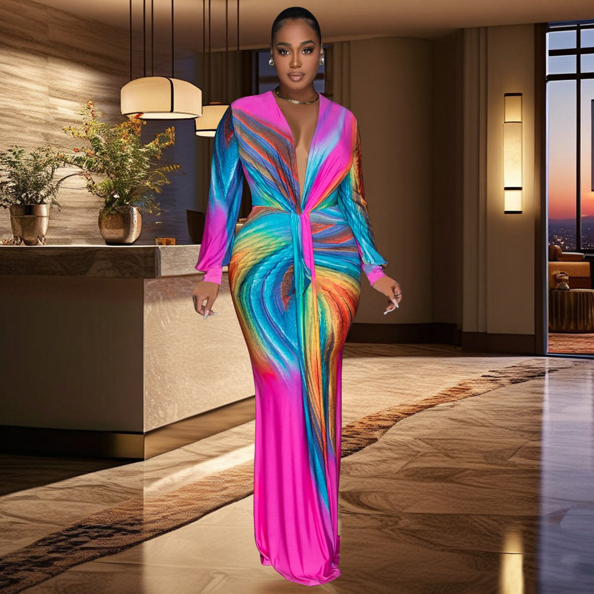 Ruched Deep V Neck Tummy Control Maxi Dress