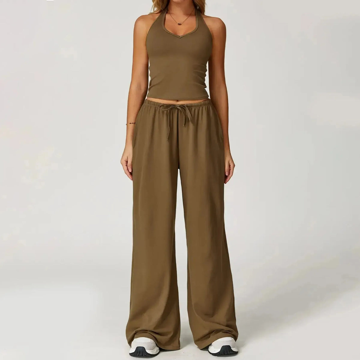 Women’s 2-Piece Silk-Like Lounge Set – V-Neck Strappy Top & Wide Leg Pants