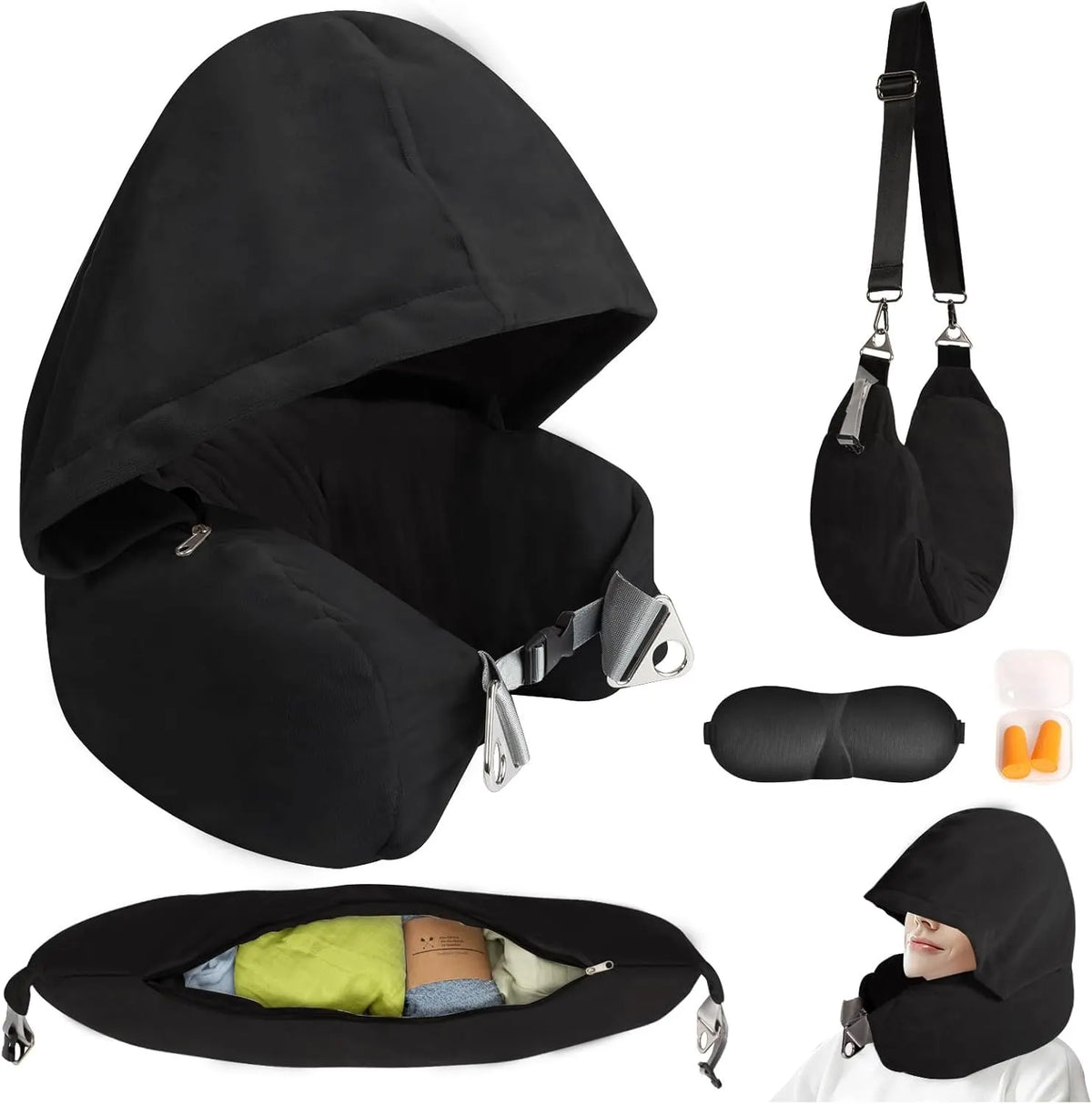 🛫 Hooded Stuffable Travel Pillow for Airplanes – Soft Velvet Neck Pillow with Travel Storage Compartment